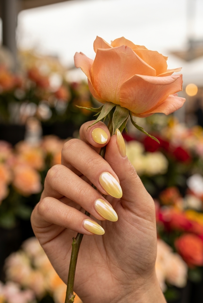 Glazed Lemon Yellow Dream nails for summer citrus nail art 2026. Chic sheer lemon yellow with a pearlescent glazed donut effect for casual summer days.