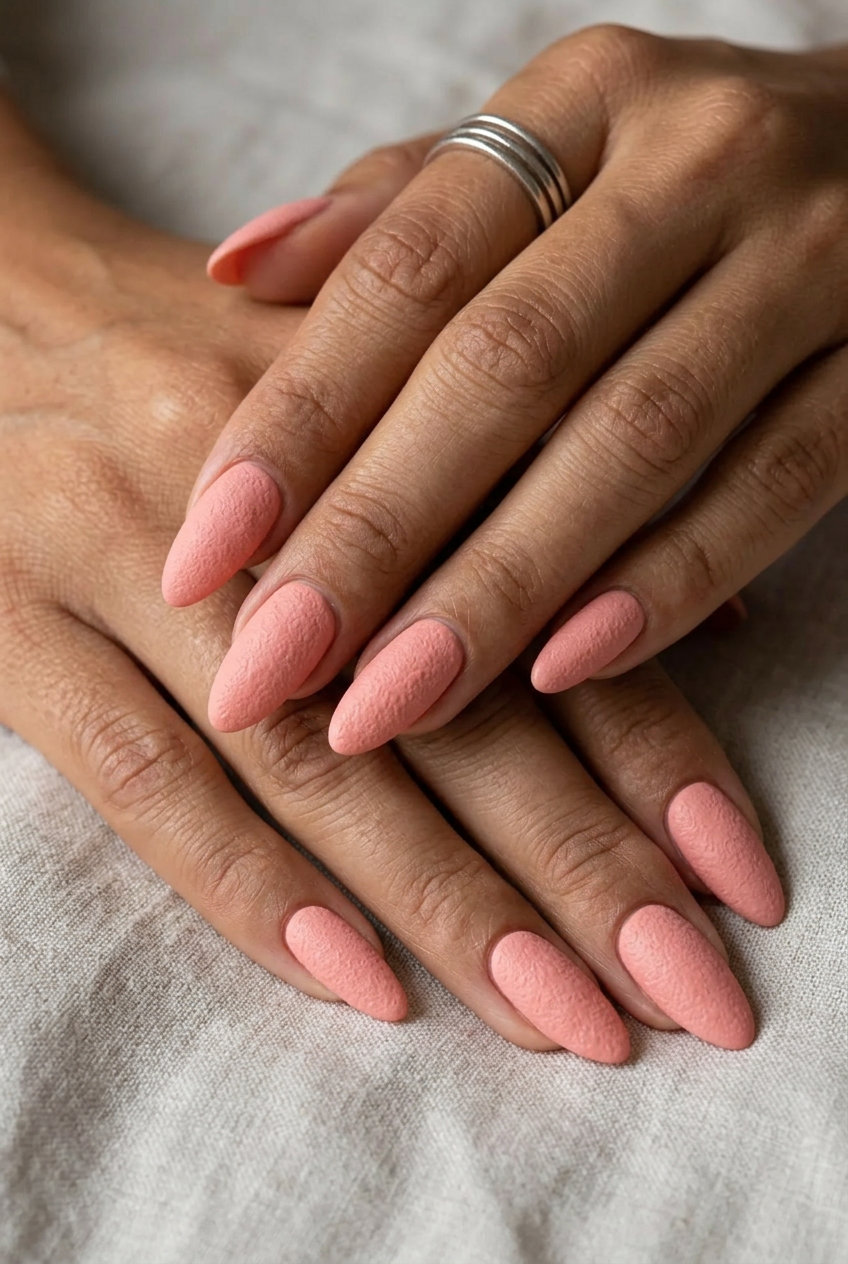 Sophisticated textured grapefruit peel almond nails in soft pink-orange matte for summer citrus nail art 2026.