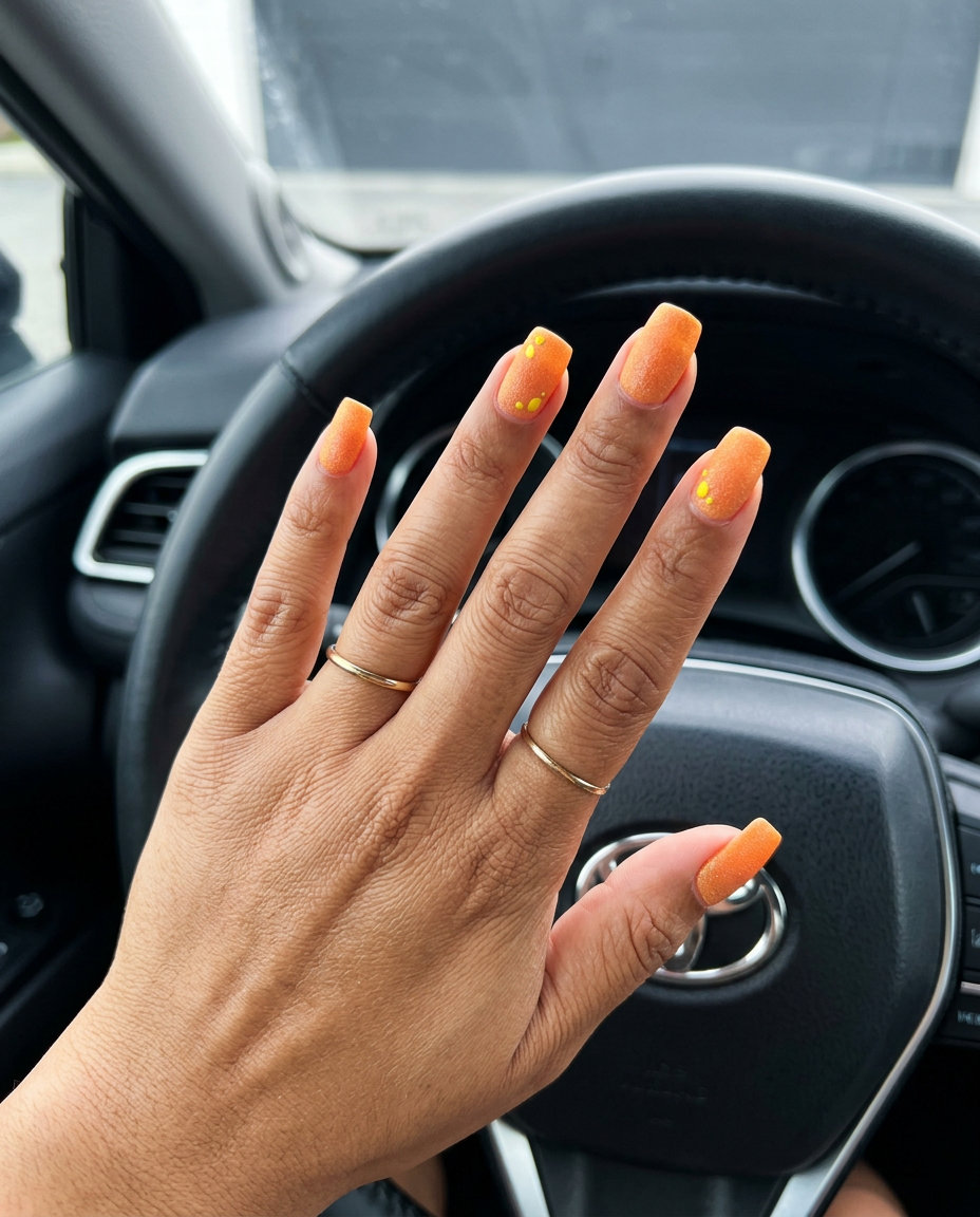 Chic minimalist lemon dot oval nails in neutral beige and bright yellow for summer citrus nail art 2026.