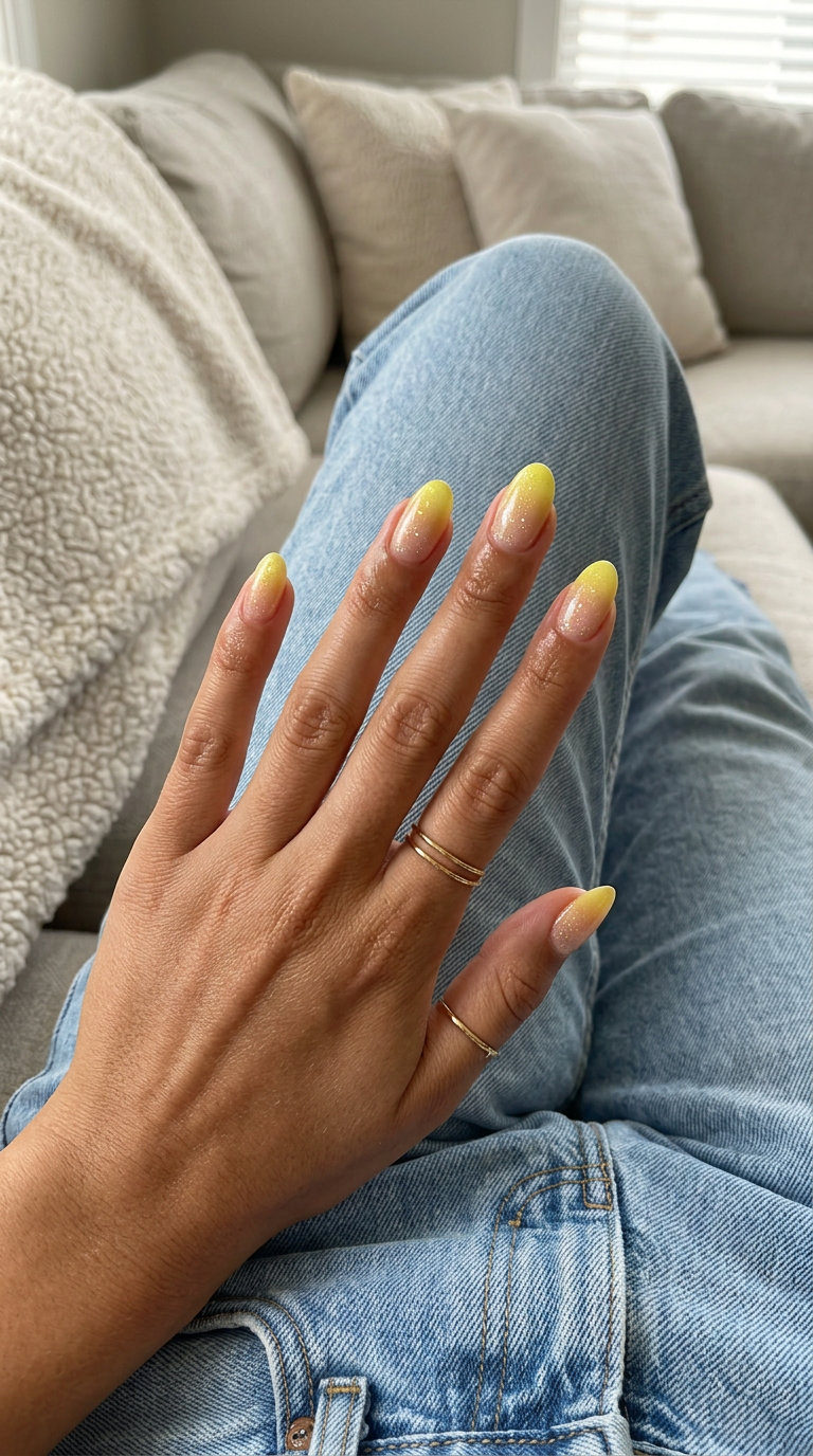 Whimsical sparkling lemon gradient oval nails with holographic glitter for summer citrus nail art 2026.