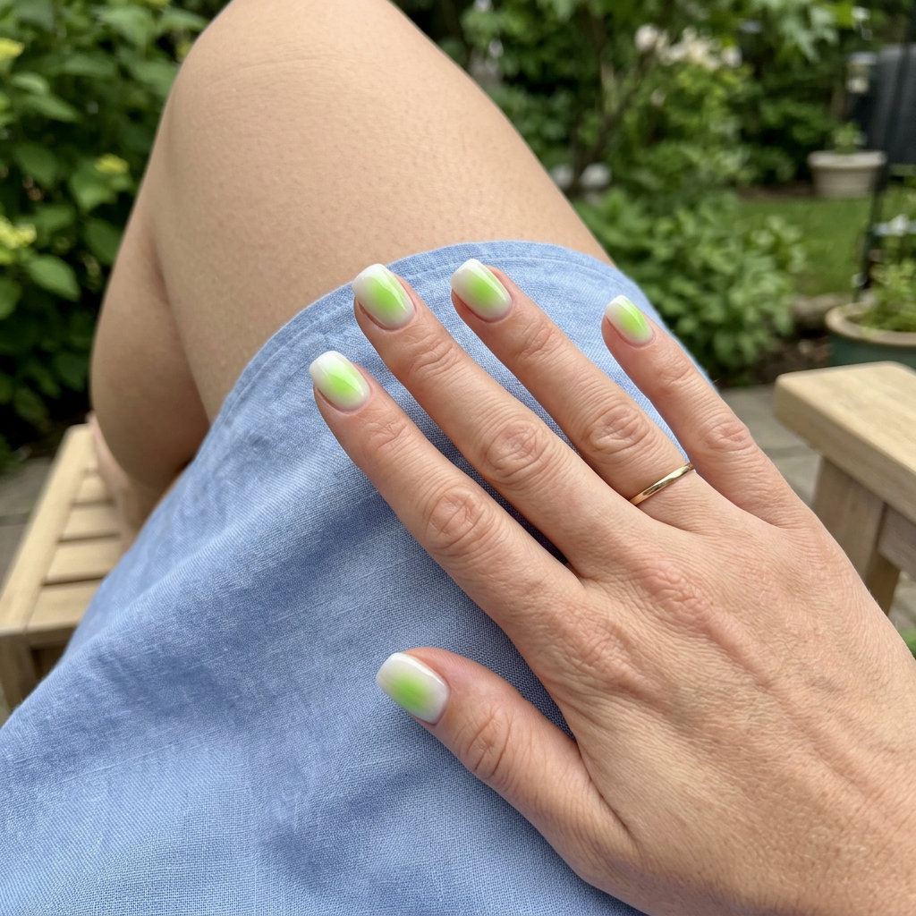 Playful lime aura glow squoval nails in sheer milky white and diffused lime green for summer citrus nail art 2026.