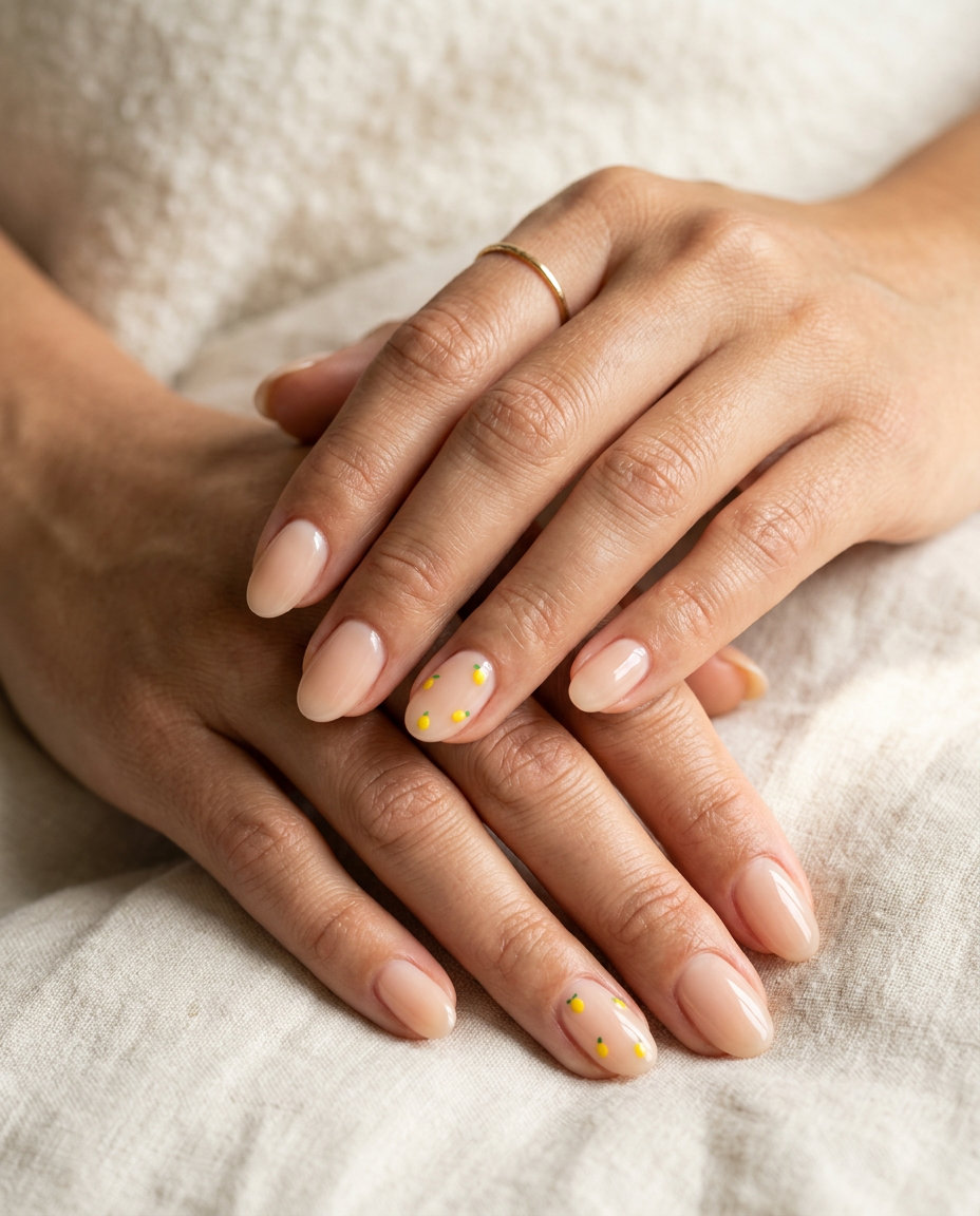 Minimalist Lemon Dot Oval nails for summer citrus nail art 2026. Chic nude base with tiny bright yellow lemon dots for casual outings.