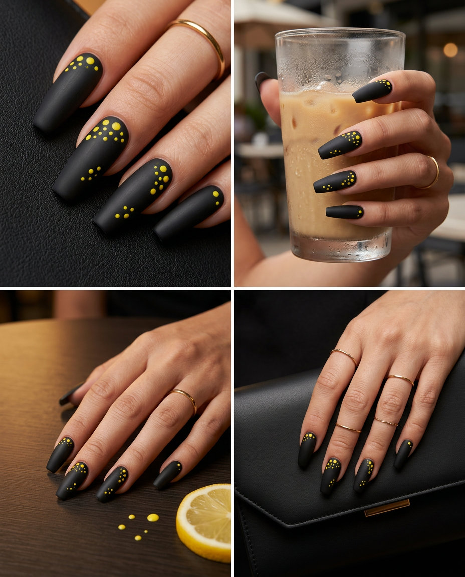 Monochrome Citrus Dot Coffin nails in matte black with crisp yellow dots for summer citrus nail art 2026.
