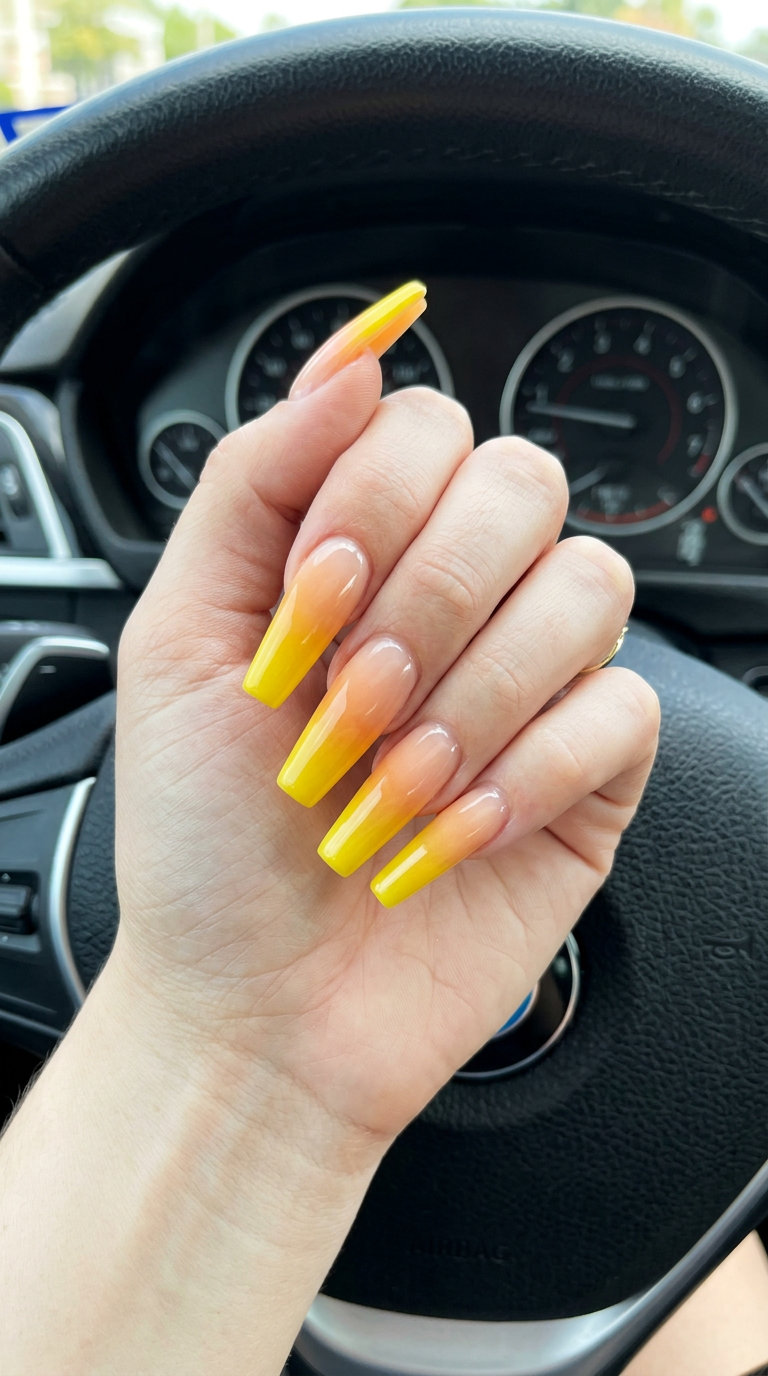 Sheer Orange Gradient Squoval nails with a subtle glowy finish for summer citrus nail art 2026.