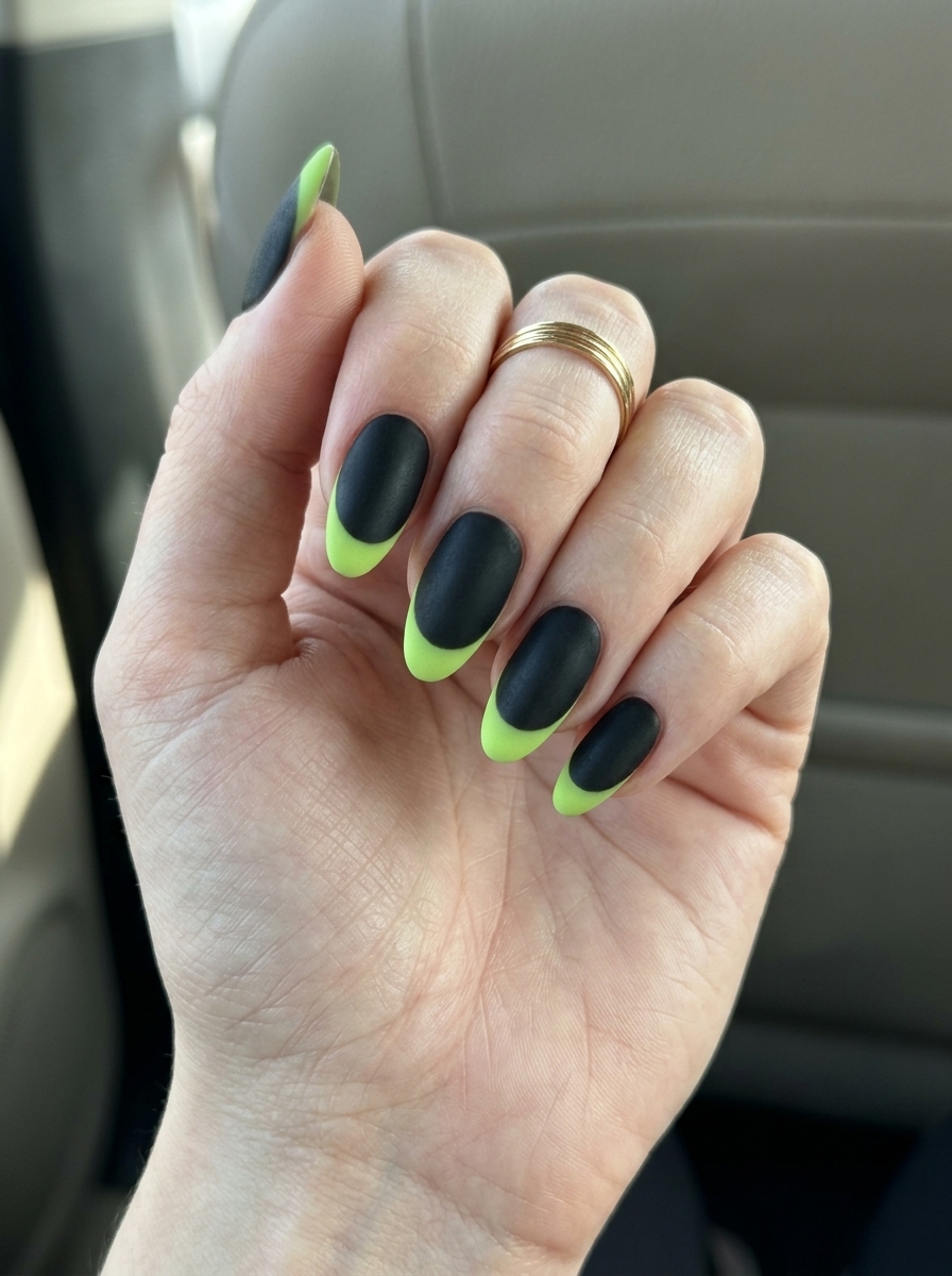 Velvet Lime Green French Fade nails for summer citrus nail art 2026. Luxurious lime green French tips over black with a velvet matte finish.