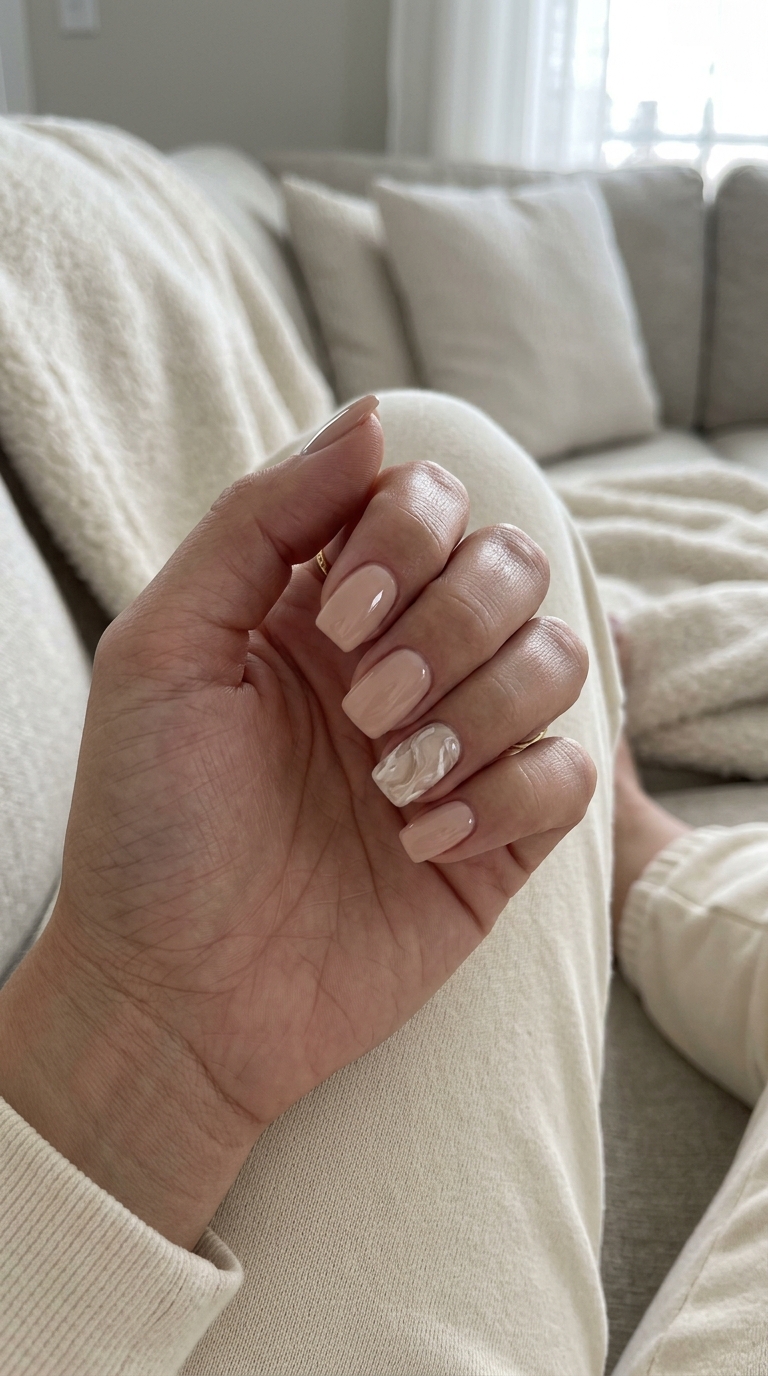 Summer Classy Nails 2026: Beige Marble Accent Artisan Beige Marble Accent nails for summer classy nails 2026: beige with taupe marble veins on medium oval shape.