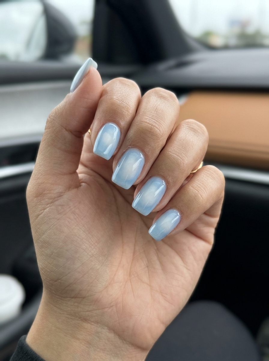 Cloud Aura Sky Blue Nails | Summer Classy Nails 2026 Cloud Aura Sky Blue nails for summer classy nails 2026. Soft blue and white gradient on short square nails.