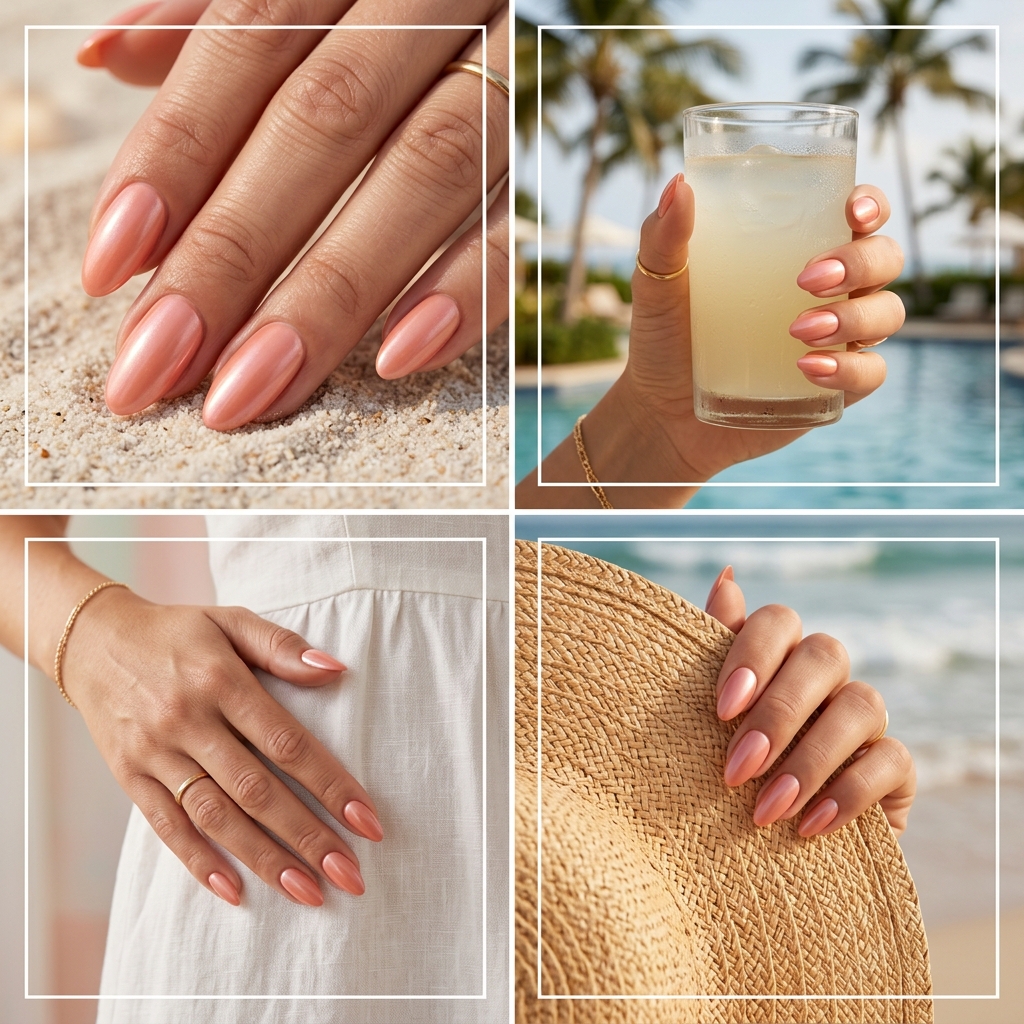 Summer Classy Nails 2026: Coral Pearl Sheen Coral Pearl Sheen nails for summer classy nails 2026: muted coral with pearlescent shimmer on medium almond shape.