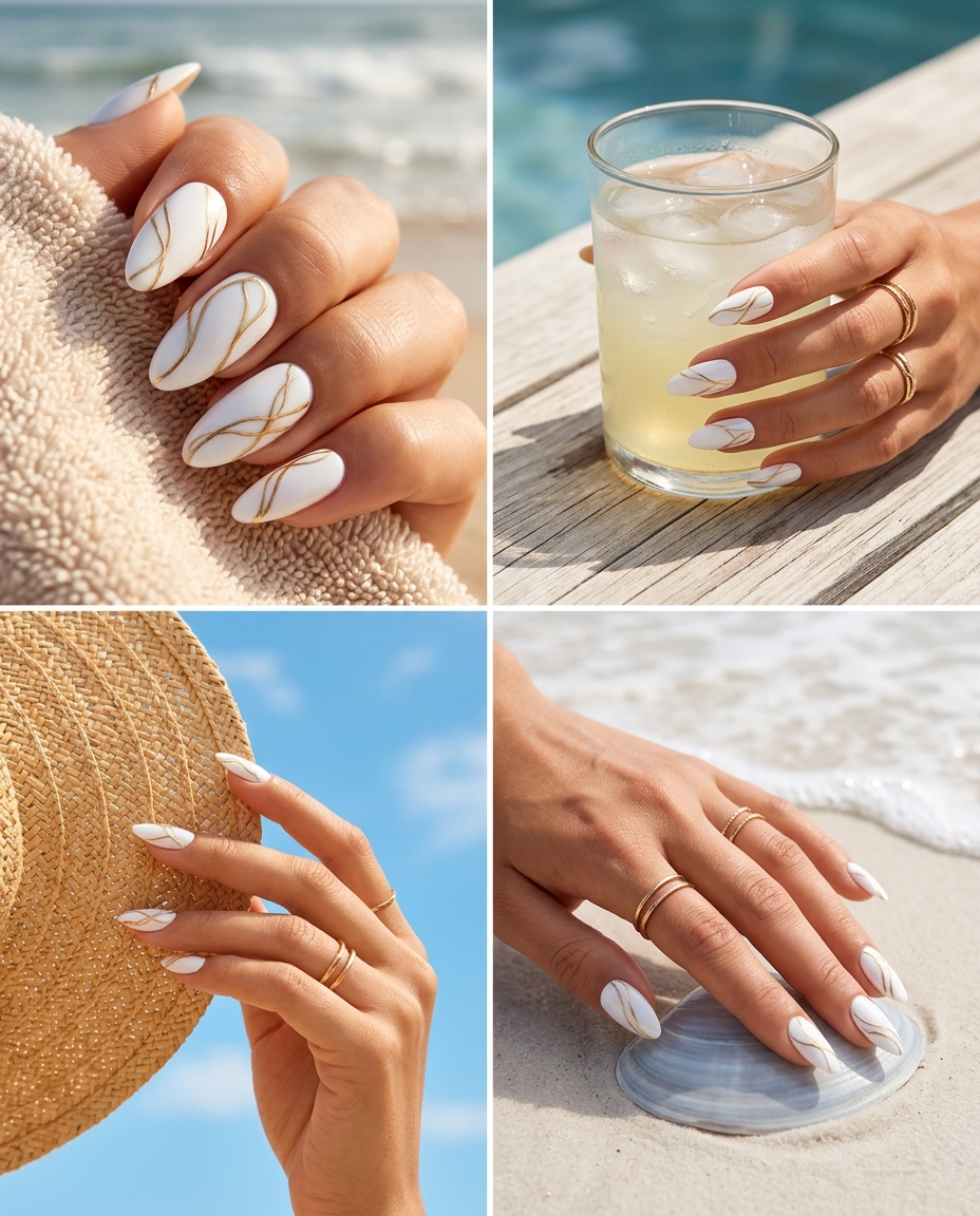 Gold Line Milky White Nails | Summer Classy Nails 2026 Gold Line Milky White nails for summer classy nails 2026. Minimalist white with abstract gold lines.