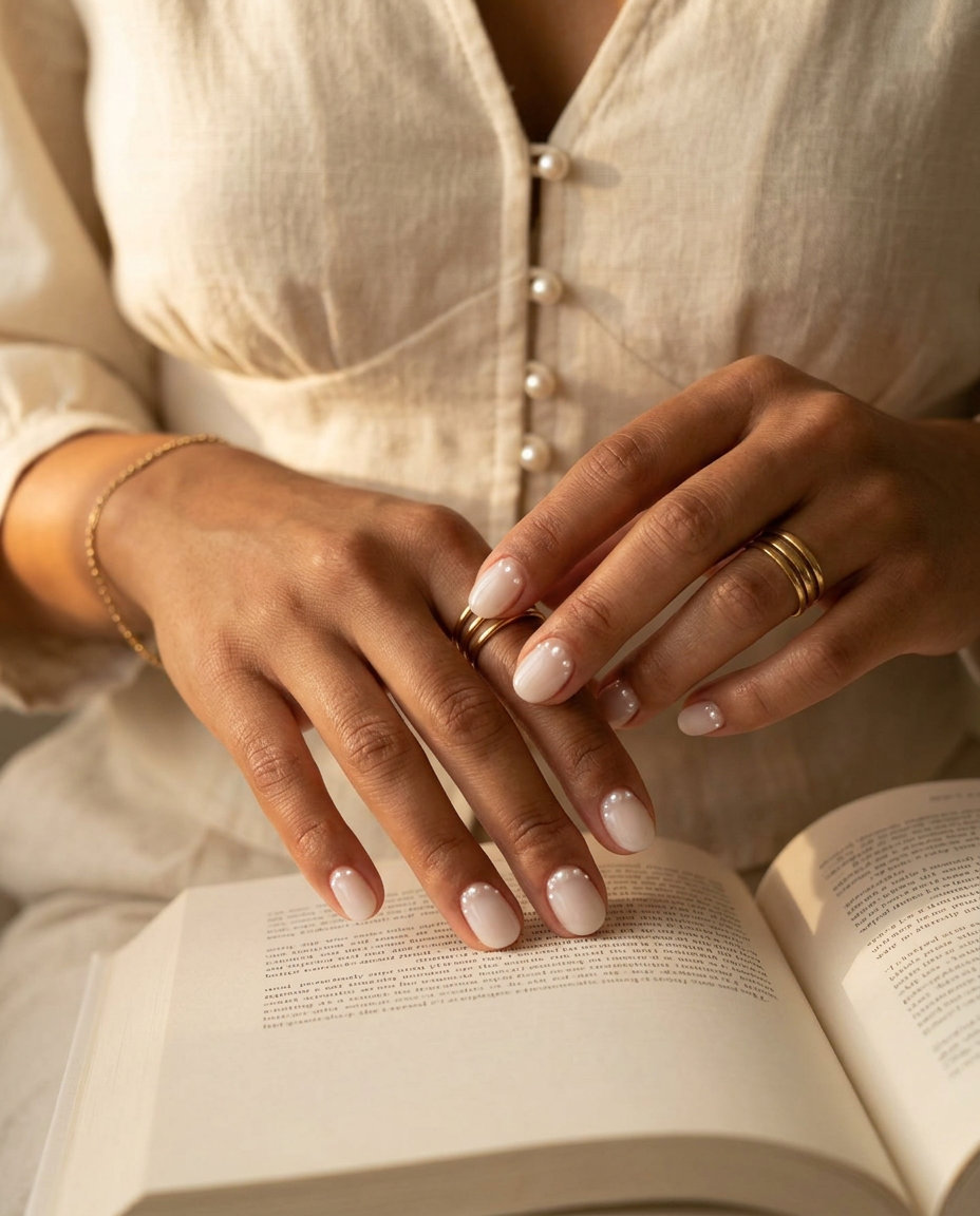 Summer Classy Nails 2026: Milky White Pearl Pearl Dot Milky White nails for summer classy nails 2026: creamy white with iridescent pearl accents on short round.