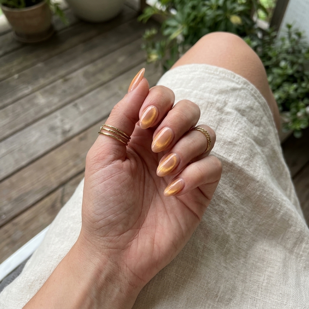 Mystic Peach Cat-Eye | Summer Classy Nails 2026 Mystic Peach Cat-Eye nails for summer classy nails 2026. Pale peach with shifting gold cat-eye effect.