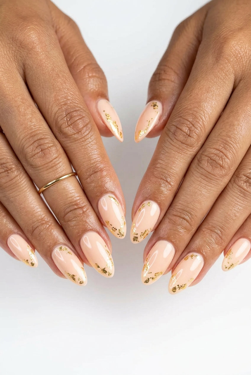 Glamorous Pale Peach Nails 2026 Pale peach gel nails with gold foil flakes for summer classy nails 2026. Glamorous date night look.
