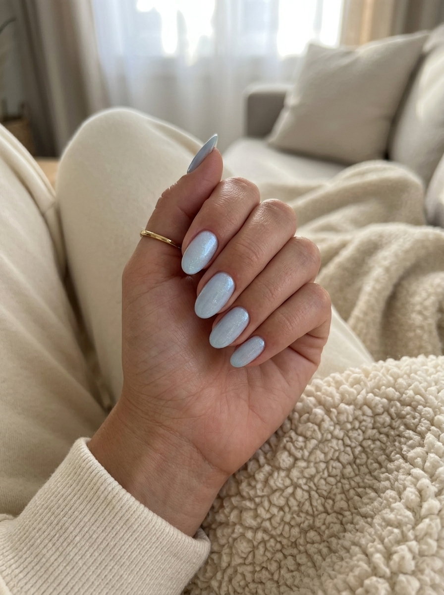 Ethereal Sky Blue Shimmer Nails 2026 Ethereal sky blue shimmer nails for summer classy nails 2026 daily wear and casual.