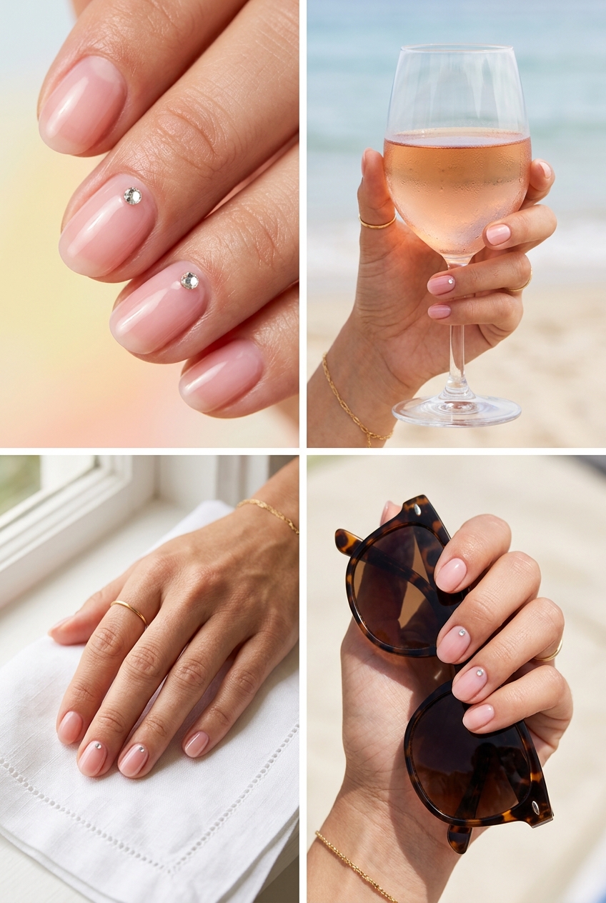 Sparkling Pink Accent Nails | Summer Classy Nails 2026 Sparkling Pink Accent nails for summer classy nails 2026. Sheer pink with rhinestone on oval nails.
