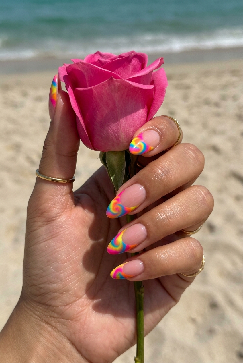 Artistic multicolor blend French tip nails for summer colorful nails designs 2026. Vacation, festival style.