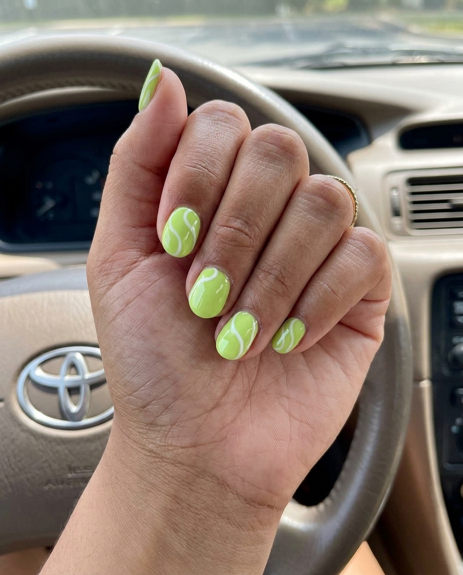Citrus swirl fun short nails in lime green and white for summer colorful nails designs 2026. Casual, daily wear.