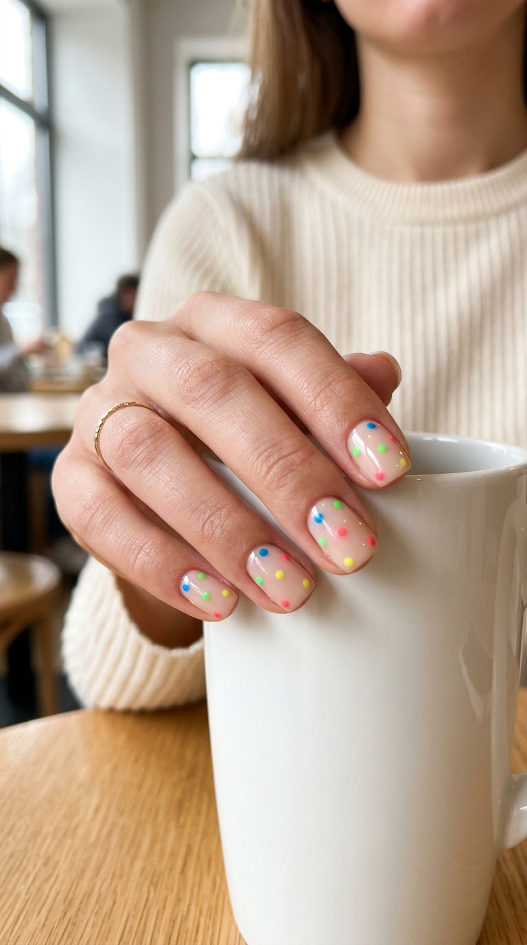 Playful sheer nude nails with scattered bright confetti dots for summer colorful nails designs 2026.