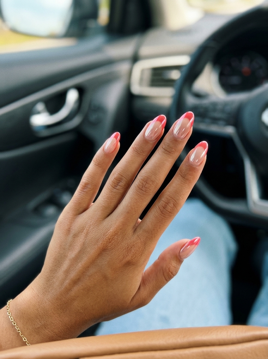 Coral Chrome French Tip nails: milky nude base with vibrant coral pink chrome tip. Summer colorful nails designs 2026.