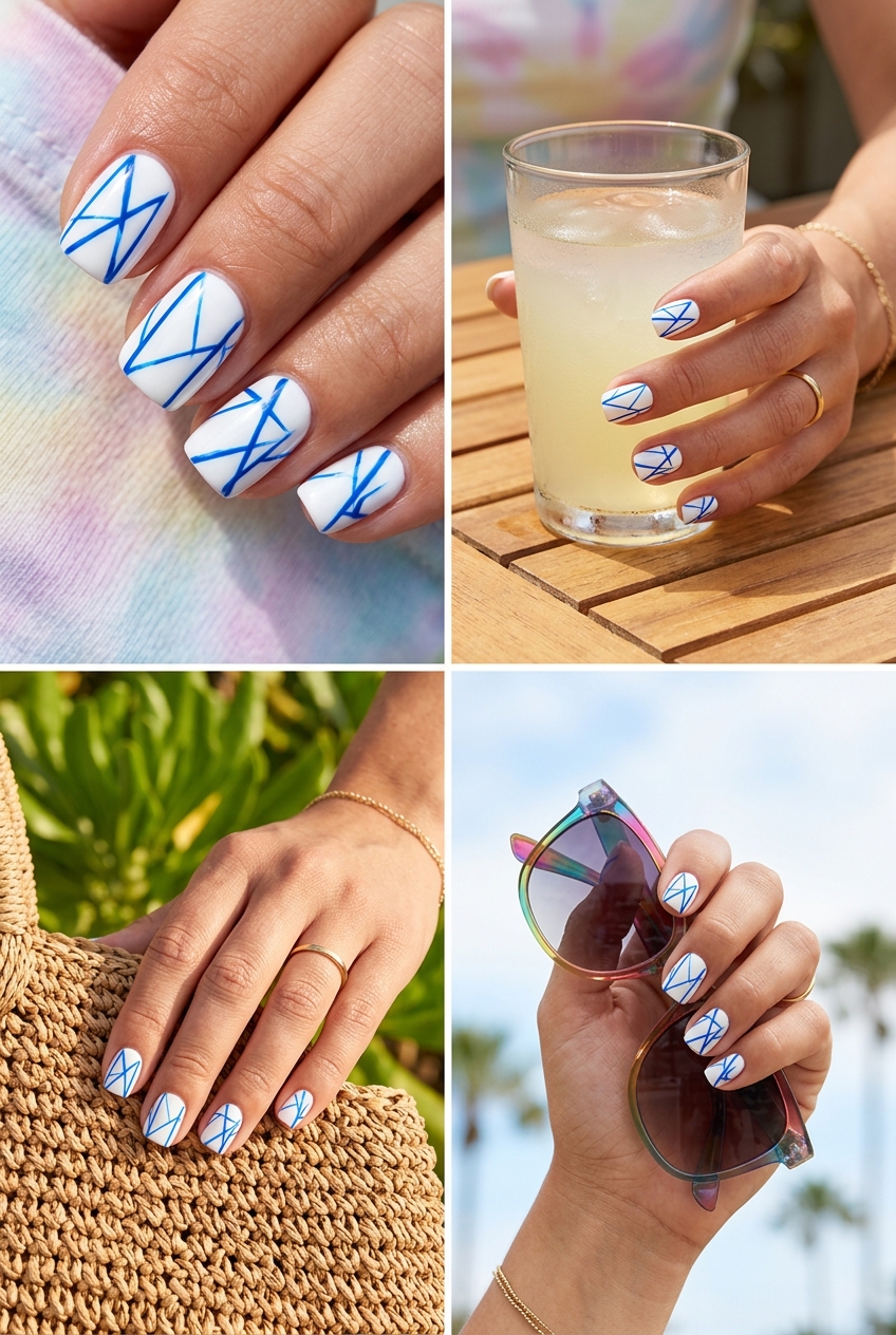 Electric Current Lines nails: opaque white base with electric blue graphic lines. Summer colorful nails designs 2026.