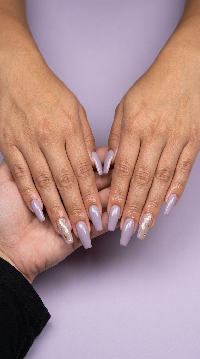 Gilded Lavender Sophistication nails: soft lavender with muted gold leaf accents. Summer colorful nails designs 2026.