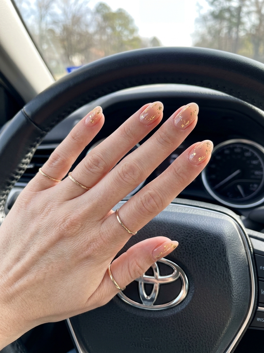 Gilded Nude Chic Almond nails: soft nude with shimmering gold foil accents. Summer colorful nails designs 2026.