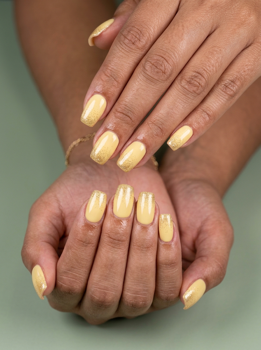 Glamorous butter yellow and gold glitter gradient nails for summer colorful nails designs 2026.