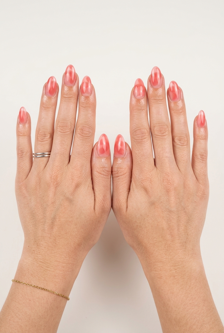 Juicy Coral Jelly Shapes nails: sheer coral pink abstract organic shapes. Summer colorful nails designs 2026.