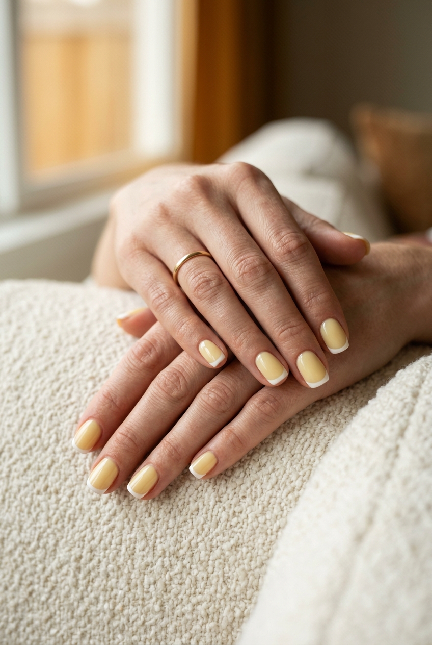 Cheerful milky yellow French tip nails for summer colorful nails designs 2026.