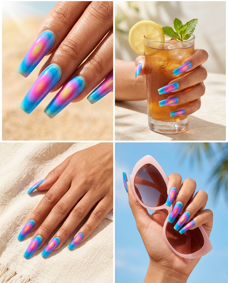 Summer aura glow nails in sunset orange, hot pink, blue gradient for summer colorful nails designs 2026. Festival party.