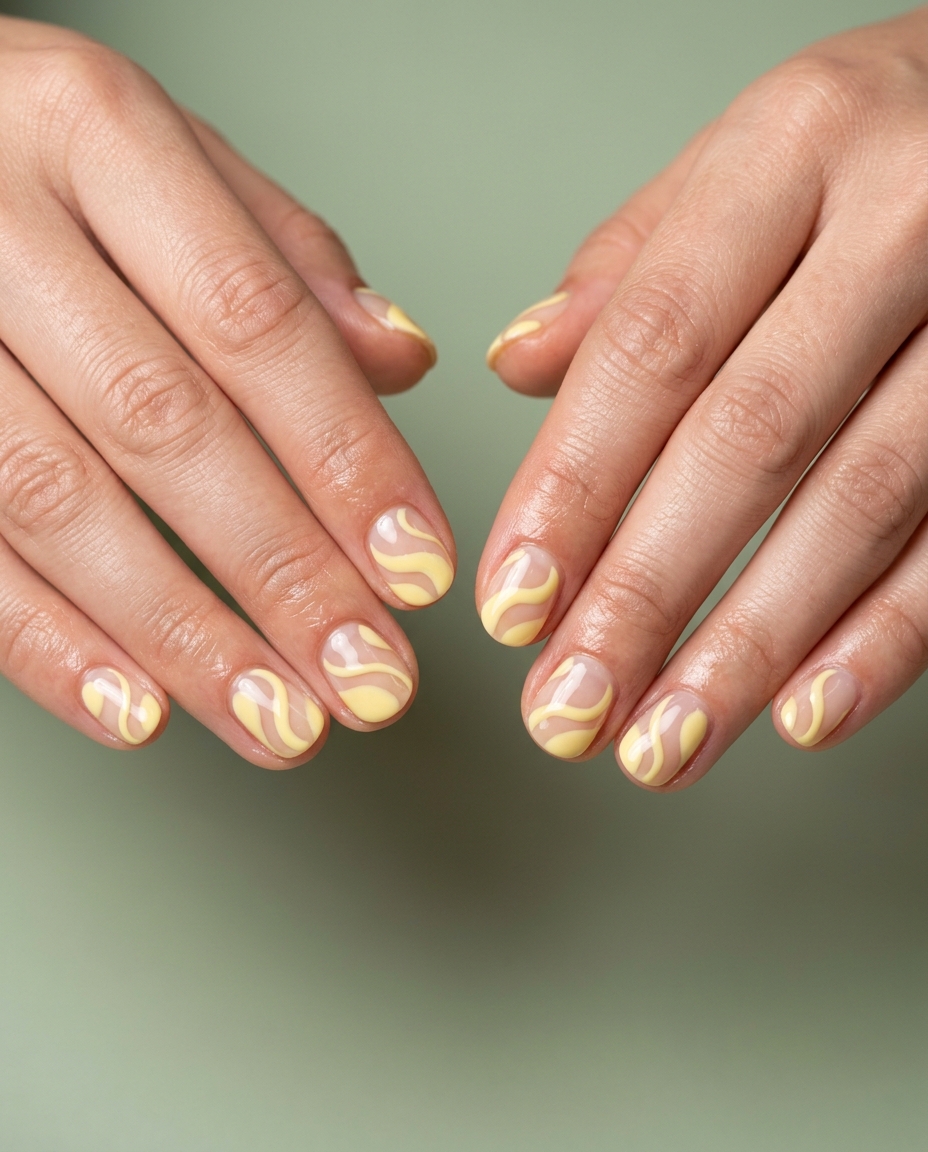 Sunny Negative Space Swirls nails: clear base with opaque butter yellow swirls. Summer colorful nails designs 2026.