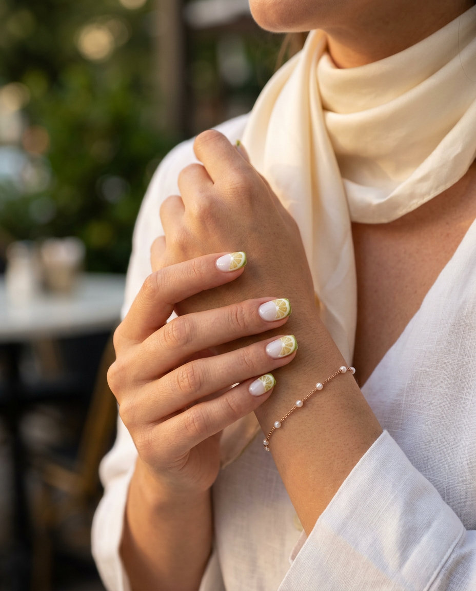 Hyper-Realistic Lemon Slice French nails: sheer white with vibrant yellow slices & green rind. Summer fruits nail art 2026.