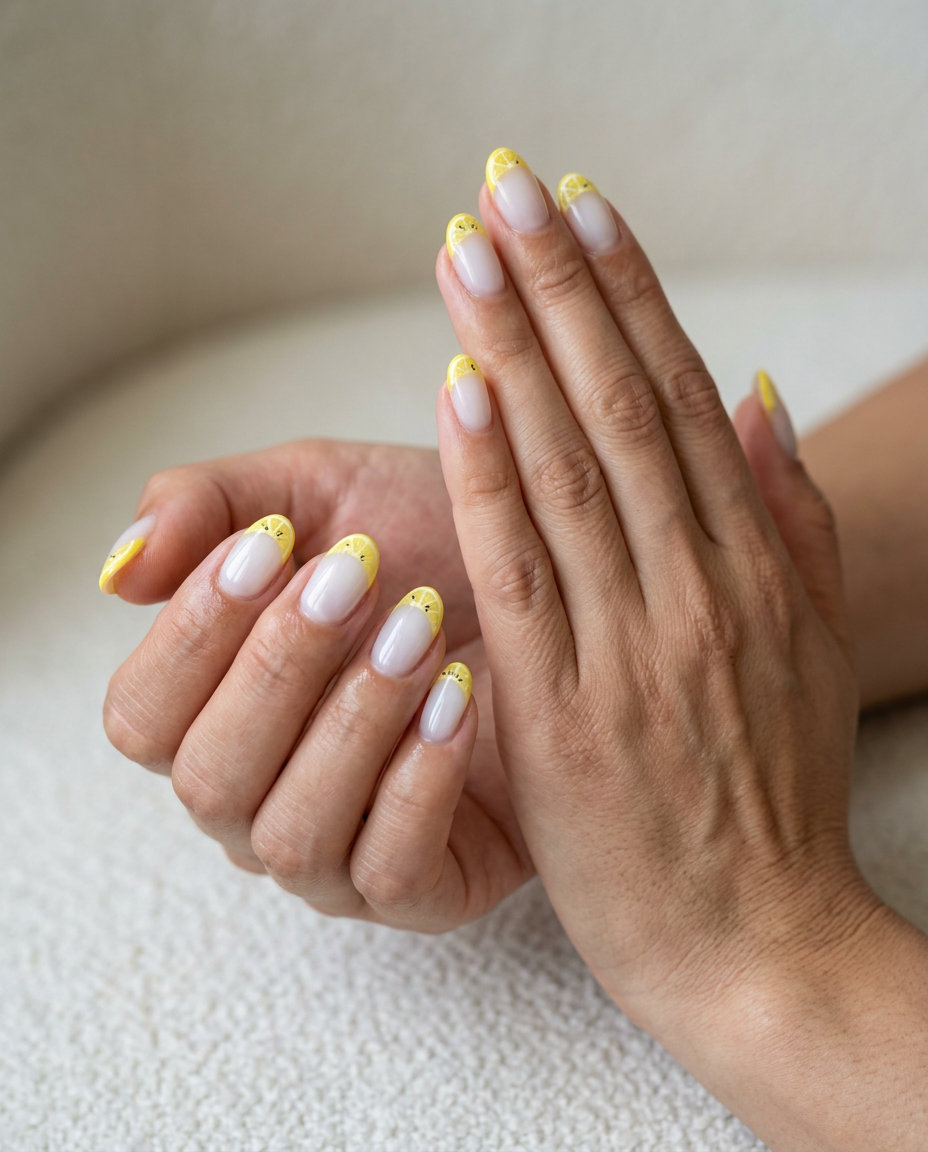 Hyper-Realistic Lemon Slice French nails: sheer white with yellow slices & black seeds. Summer fruits nail art 2026.