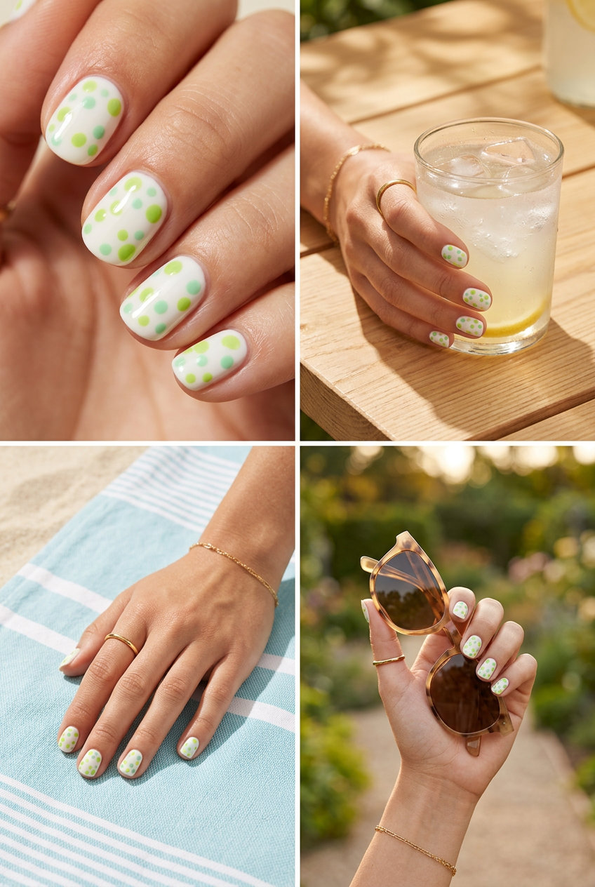 Lime & Mint Abstract Dots nails: White base with scattered lime and mint green dots. Playful summer fruits nail art 2026.
