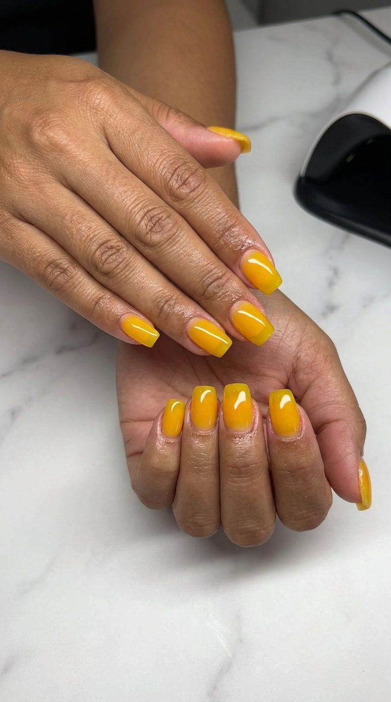 Vibrant Mango Jelly Glass nails: Extra-long stiletto with translucent mango yellow for summer fruits nail art 2026.