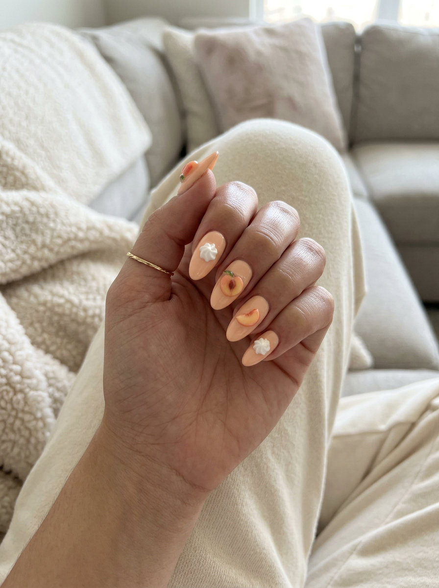 Peach Cobbler 3D Charms nails: Long coffin with sculpted peach slices and cream for whimsical summer fruits nail art 2026.