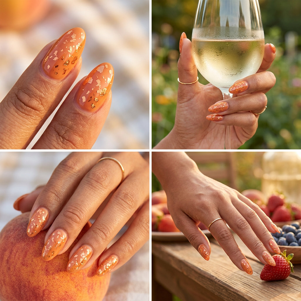 Refreshing summer fruits nail art 2026: Juicy peach jelly with scattered foil flakes on medium squoval nails.
