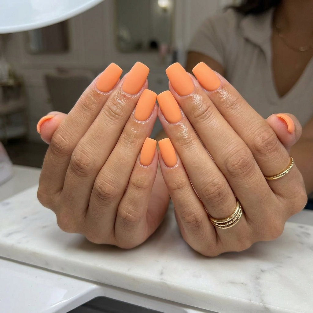 Juicy Peach Jelly Almond nails: Medium almond with translucent peach for subtle summer fruits nail art 2026.