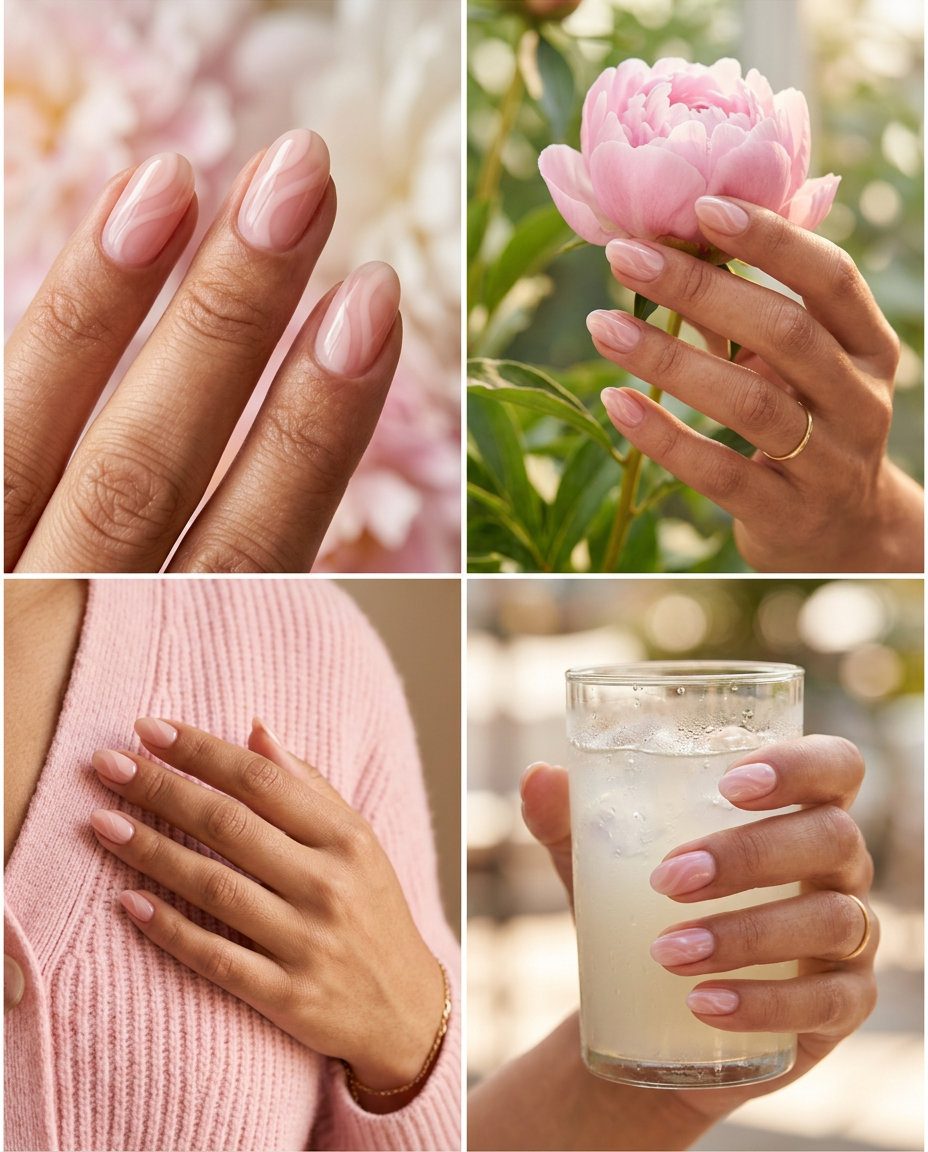 Dreamy summer fruits nail art 2026: Sheer nude base with delicate raspberry, plum, and cherry red swirls on long almond nails.