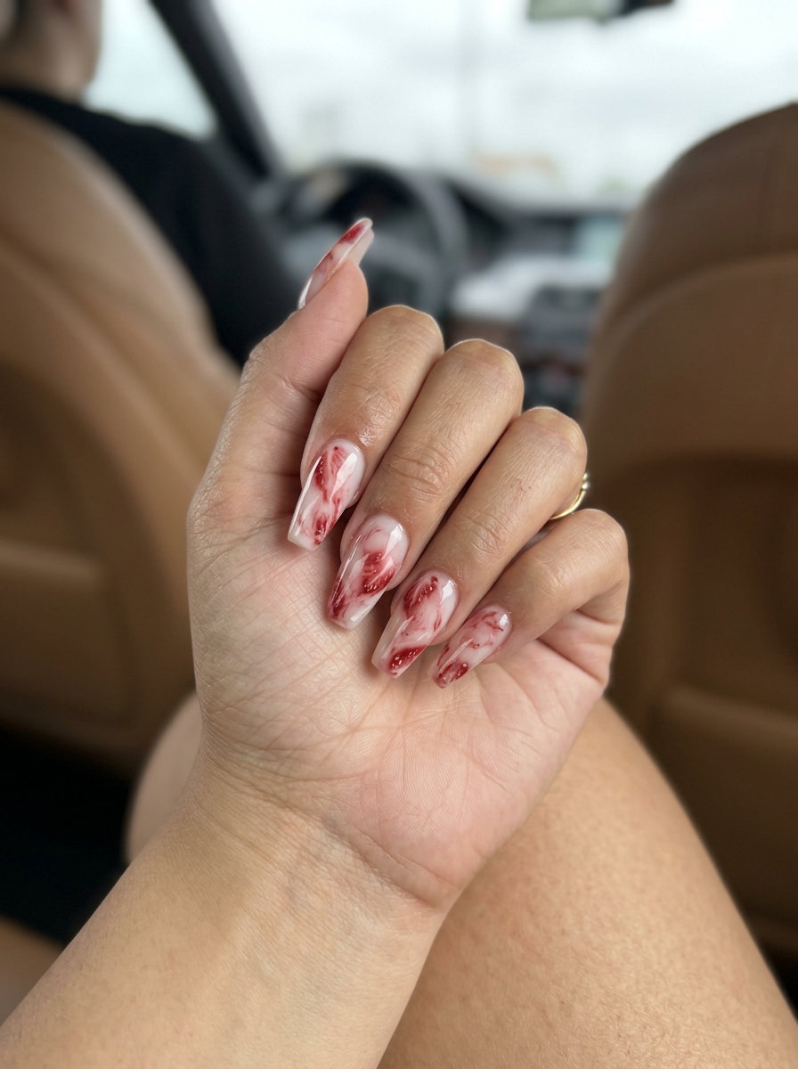 Realistic Strawberry Marble Swirl nails: milky white with deep red & white marble veins. Summer fruits nail art 2026.
