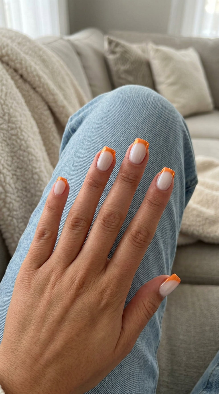 Vibrant Tangerine Chrome French nails: Squoval with milky white base and tangerine chrome tips for chic summer fruits nail art 2026.