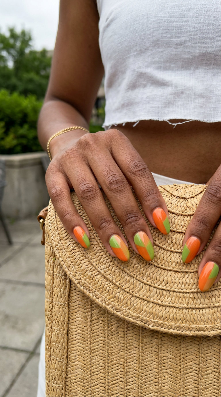 Bold summer fruits nail art 2026: Vibrant tangerine orange and lime green color block geometric design on short squoval nails.