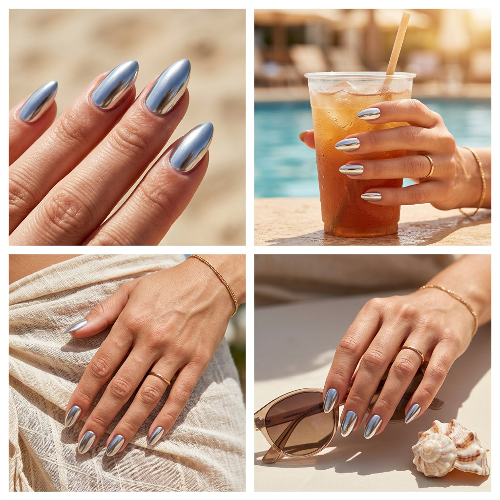 Summer Gel Nails Short Simple 2026: Chrome Stilettos Short simple summer gel nails 2026: Futuristic silver chrome on stiletto nails for parties.