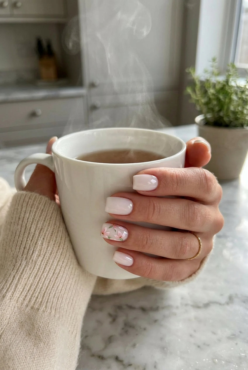 Summer Gel Nails 2026: Floral Accent Short simple summer gel nails 2026: Edge Hand-Painted Floral Accent for date night. Romantic pink & green floral art.