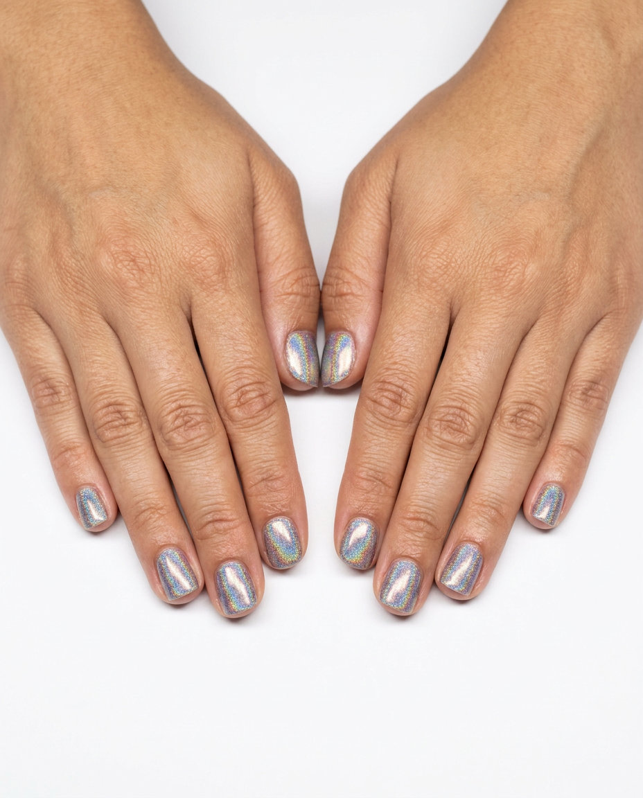 Summer Gel Nails Short Simple 2026: Holographic Flare Short simple summer gel nails 2026: Multicolor holographic shimmer on flare nails for events.