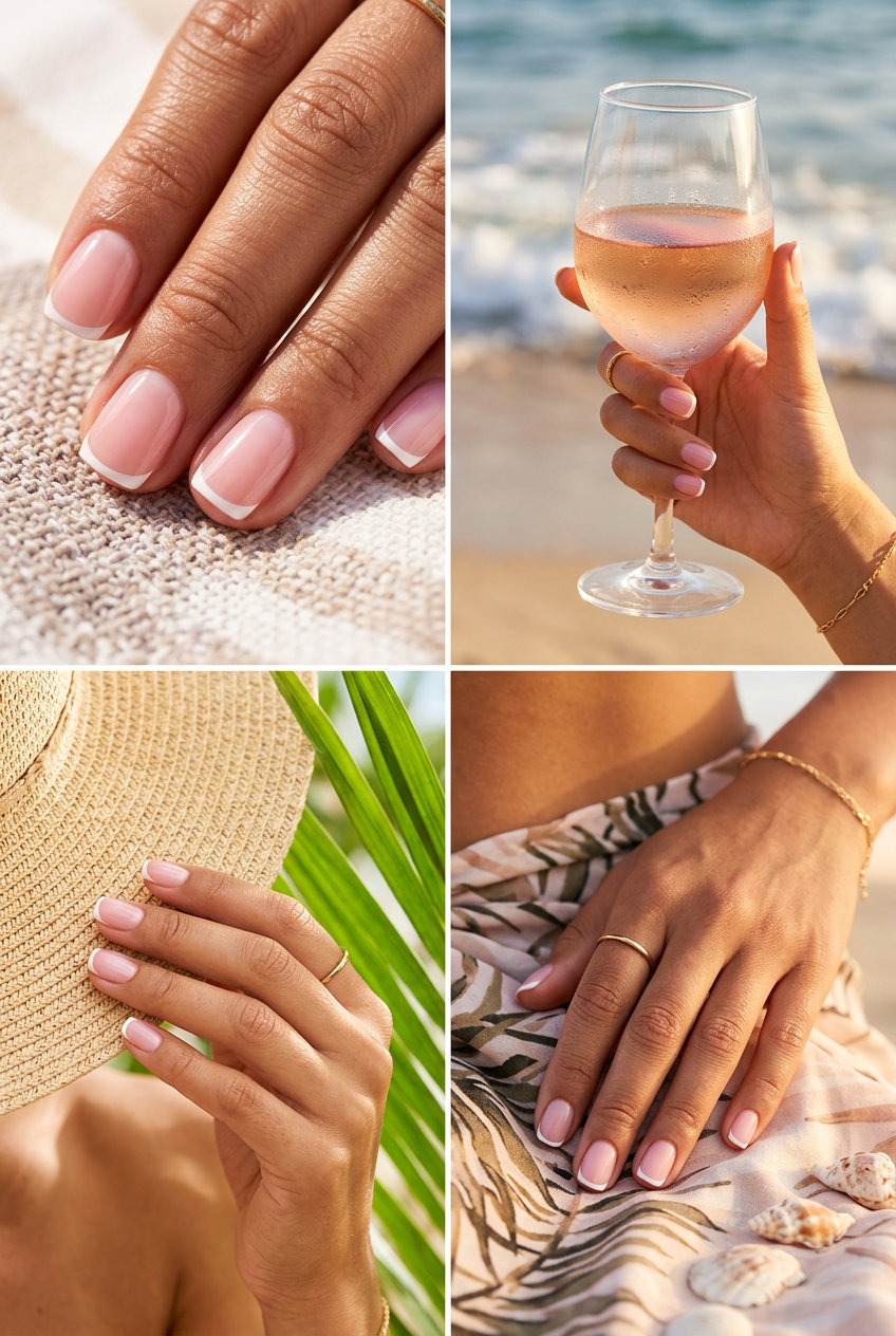 Summer Gel Nails 2026: Micro French Short simple summer gel nails 2026: Elegant Sheer Pink Micro French for wedding guest. Sophisticated & classic.