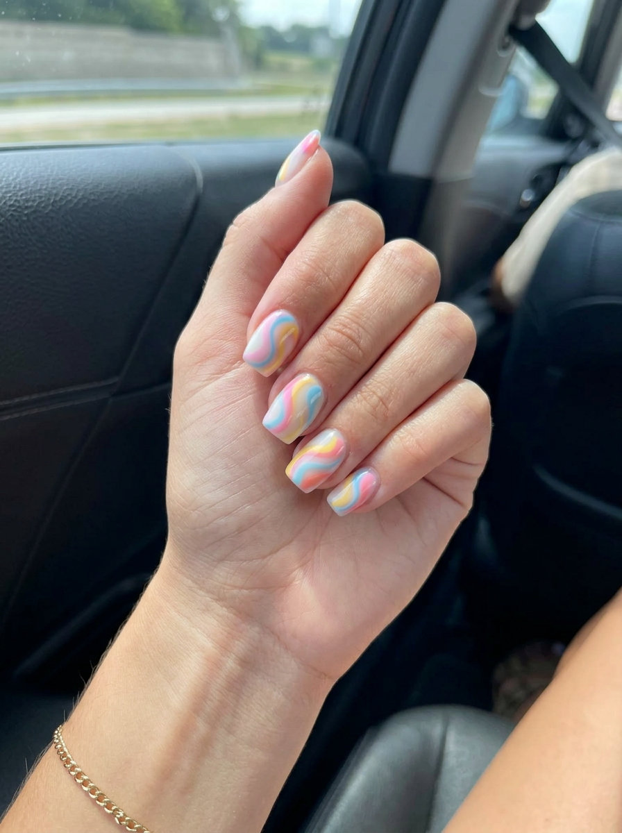 Summer Gel Nails Short Simple 2026: Abstract Swirls Short simple summer gel nails 2026: Pastel abstract swirls on lipstick shape for festivals.