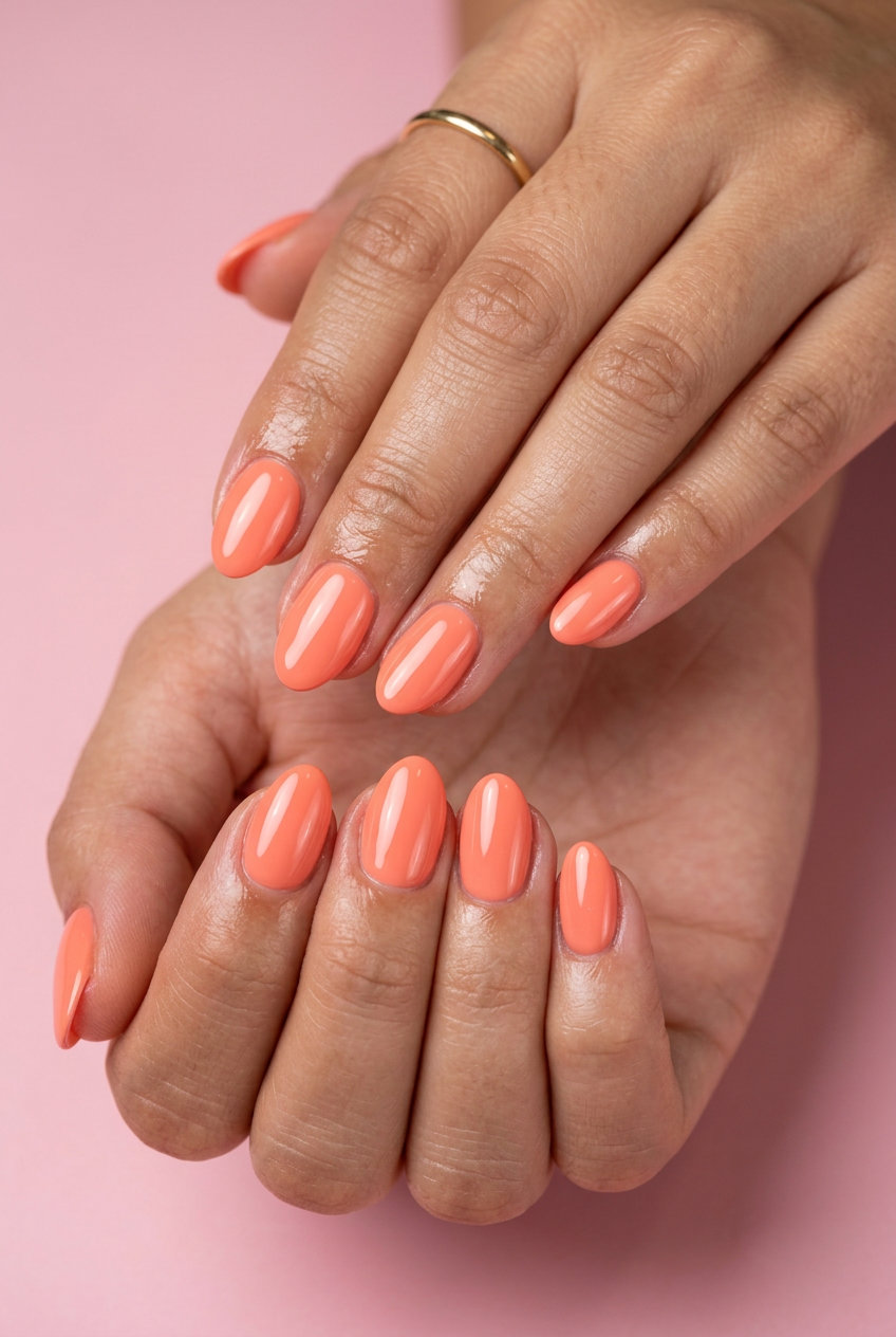 Summer Gel Nails 2026: Peach Coral Short simple summer gel nails 2026: Sunset Peach Coral Glossy for vacation. Vibrant & playful.