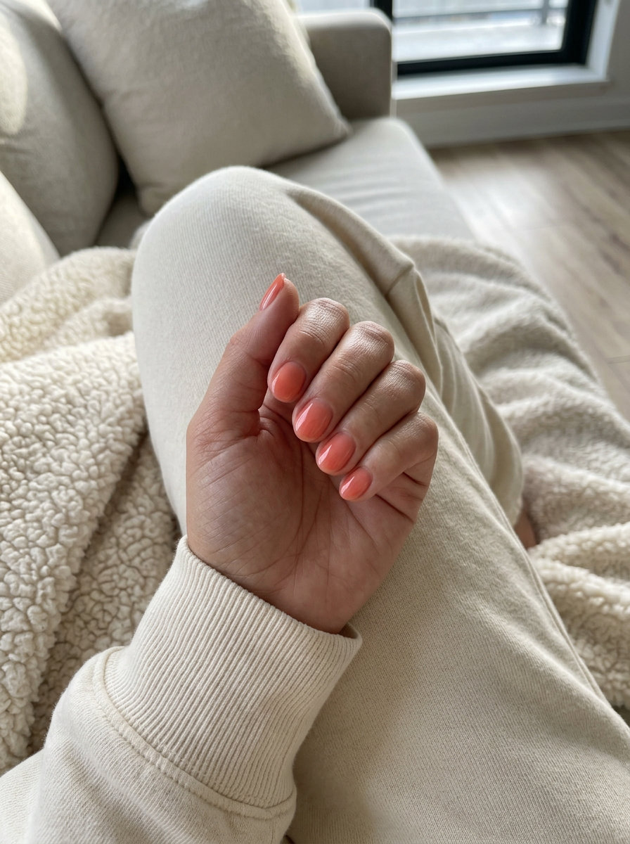 Coral Milk Bath Nails 2026 Creamy coral milk bath short simple summer gel nails 2026. Romantic and soft for casual outings.