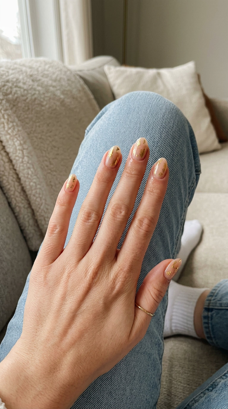 Gold Foil Almond Nails 2026 Glamorous gold foil almond short simple summer gel nails 2026. Chic and festive for parties.