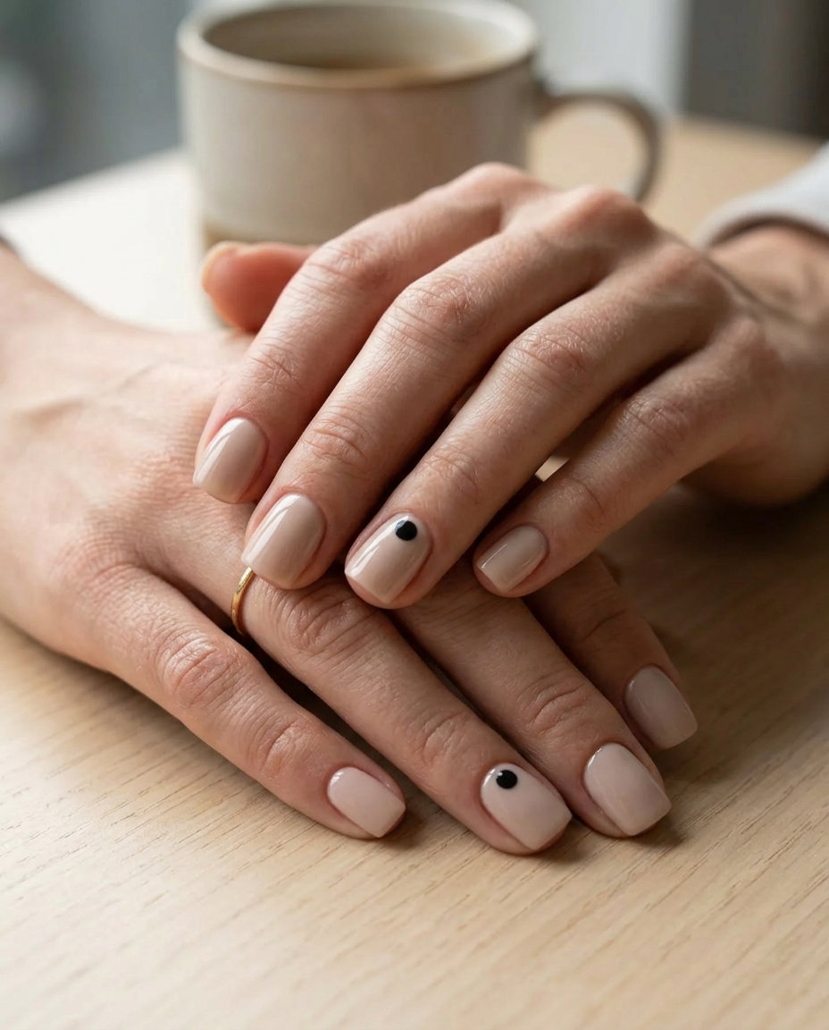 Nude Accent Dot Nails 2026 Glossy nude accent dot short simple summer gel nails 2026. Minimalist and chic for work.